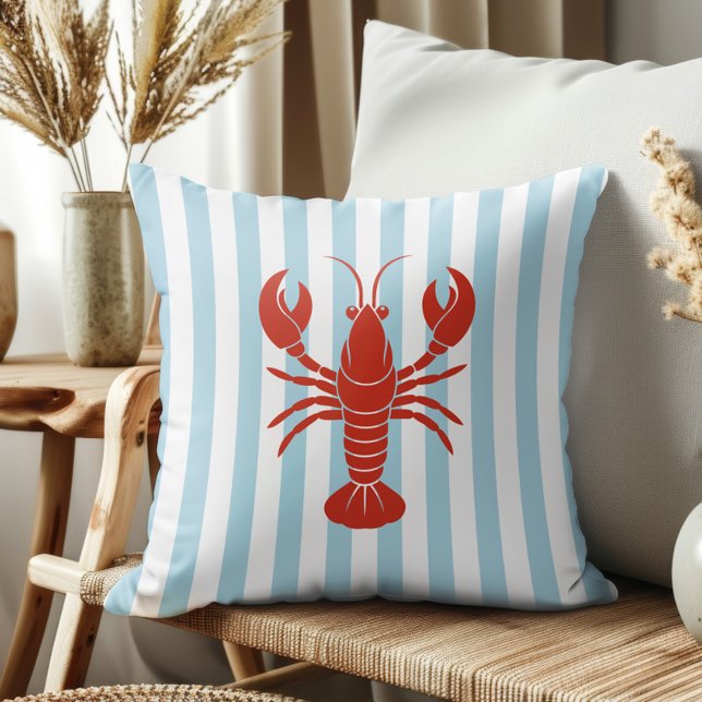 Coussin Bold Lobster and Blue Stripes Ocean Beach Decor (Créateur téléchargé)