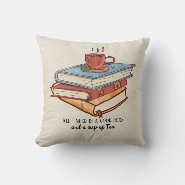 Coussin Bon livre tasse de thé lecture de tasse faux lin (Recto)