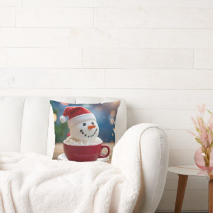 Coussin Bonhomme de neige de Noël dans un chocolat chaud