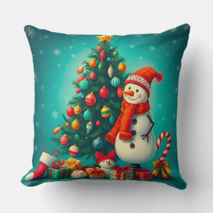 Coussin Bonhomme de neige festif et arbre de Noël avec cad