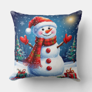 Coussin Bonhomme de neige joyeux portant un chapeau de Pèr
