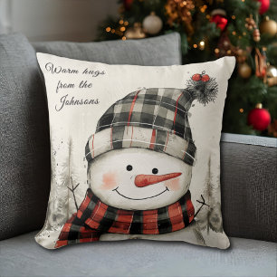 Coussin Bonhomme de neige personnalisé Noël avec nom de fa