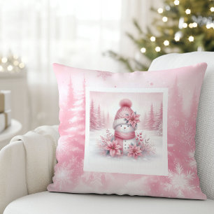 Coussin Bonhomme de neige rose fantaisiste dans la forêt d