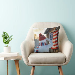 Coussin Bonhomme de neige saluant un drapeau américain