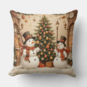 Coussin Bonhommes de neige rétro festifs et sapin de Noël