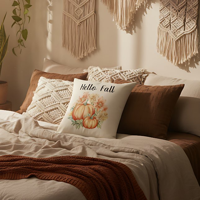 Coussin Bonjour Automne Aquarelle Ferme Automne Citrouille (Autumn pumpkin pillow farmhouse style. Fall decor pillow soft and stylish.)