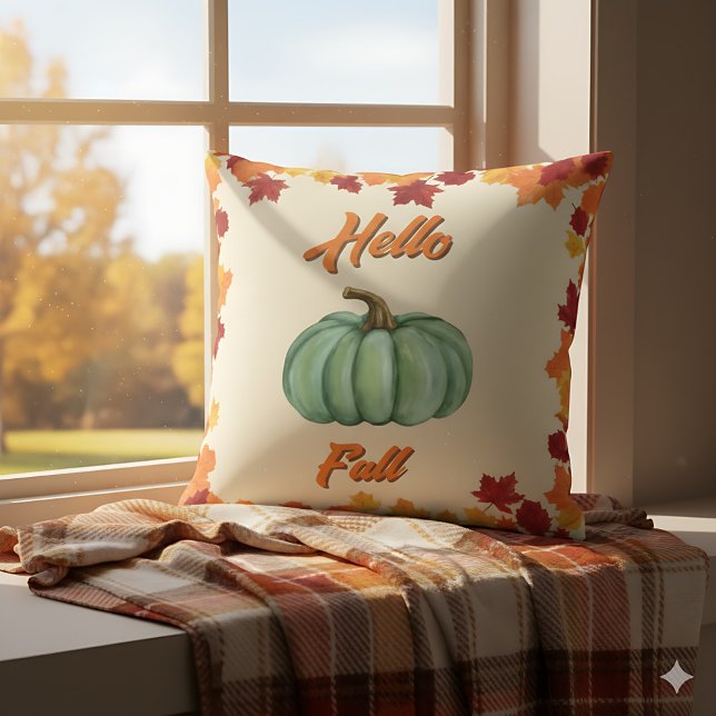 Coussin Bonjour Automne - Ferme Vert Citrouille Cosy Décor (Hello Fall pillow with colorful leaves - perfect rustic accent for autumn home)