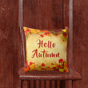Coussin Bonjour automne feuilles rouges orange papier anci