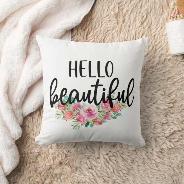 Coussin Bonjour belle aquarelle Rose Typographie chic (Couverture)