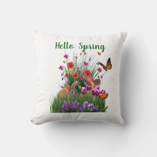 Coussin Bonjour Printemps Lapins de Pâques et Jardin des F