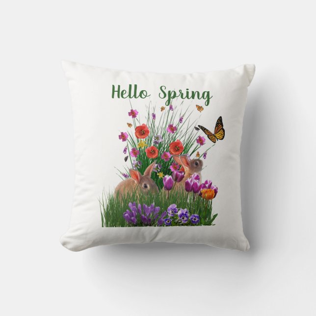 Coussin Bonjour Printemps Lapins de Pâques et Jardin des F (Recto)