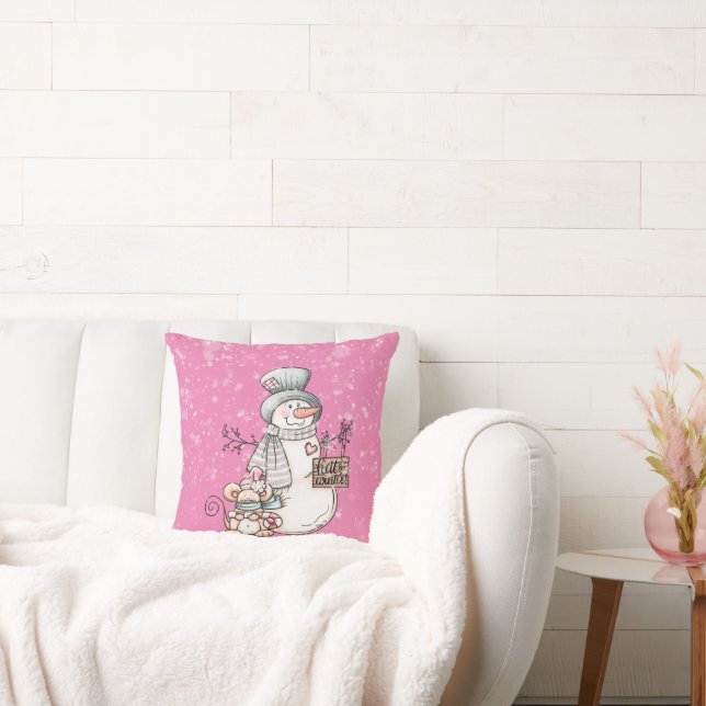 Coussin Bonjour Winter Pink Snowman et souris Noël (Canapé)