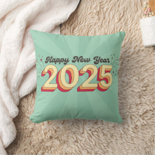 Coussin Bonne année 2025 rétro caricature stars 3d texte
