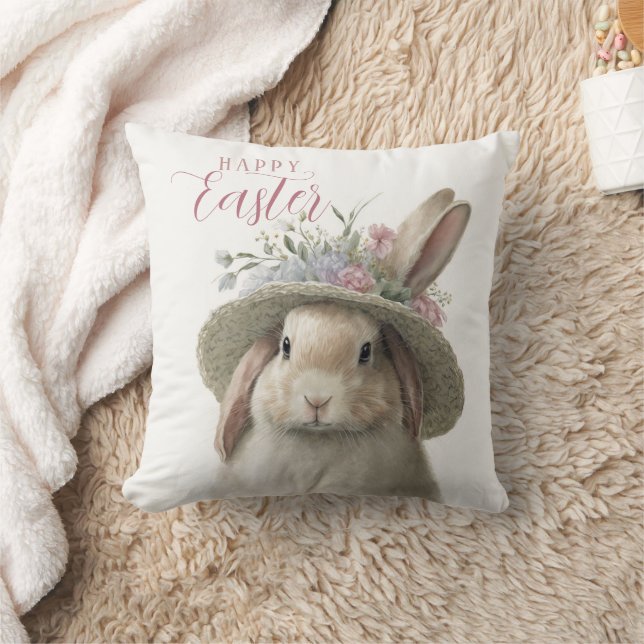 Coussin Bonne Pâques Aquarelle mignonne Lapin Floral Lapin (Couverture)