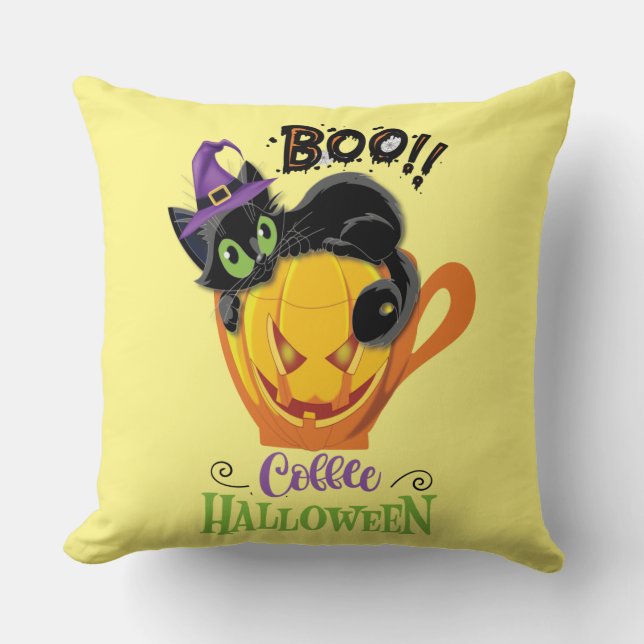 Coussin Boo Black Cat, Scary Pumkin Coffee Halloween (Recto)