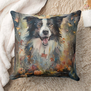 Coussin Border Collie Halloween avec citrouilles effrayant