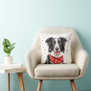 Coussin Border Collie heureux avec bandana rouge à coeur