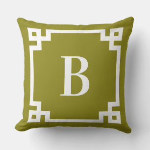 Coussin Bordure de clé grecque olive et blanche avec monog