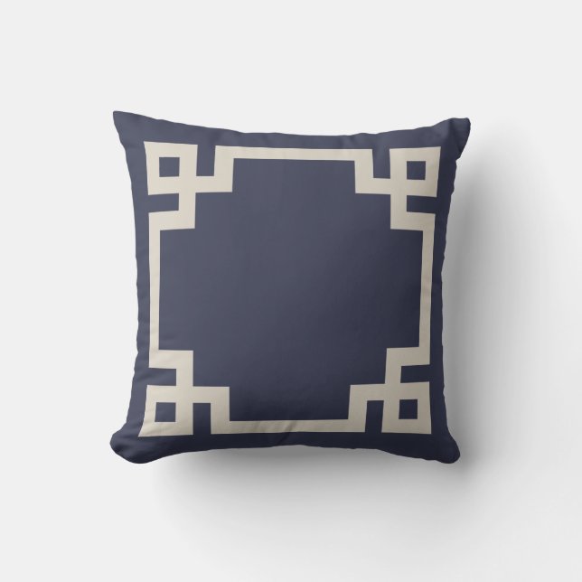 Coussin Bordure de la marine bleu et lin beige clé grecque (Recto)