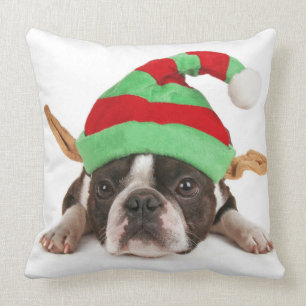 Coussin Boston Terrier avec un casquette de Noël