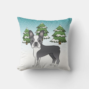 Coussin Boston Terrier bleu et blanc dans une forêt hivern