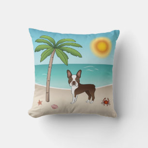 Coussin Boston Terrier Brun sur une plage tropicale estiva