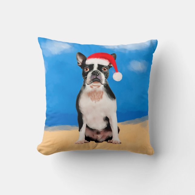 Coussin Boston Terrier Chien sur la plage Noël vacances (Recto)