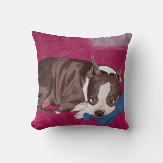 Coussin Boston Terrier se reposant sur le divan rouge - (Recto)