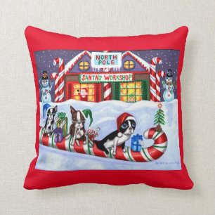 Coussin Boston Terriers Sucre de canne Père Noël Christm