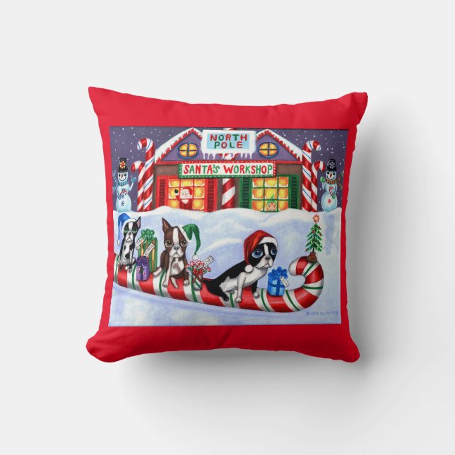 Coussin Boston Terriers Sucre de canne Père Noël Christmas (Recto)