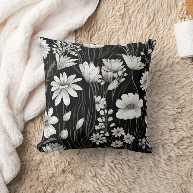 Coussin Botanique Feuille noire blanche Fleur sauvage (Couverture)