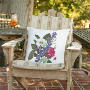 Coussin botanique floral rouge, blanc, bleu d'art