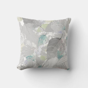 Coussin Botanique, gris, feuille, blanc et gris, turquoise