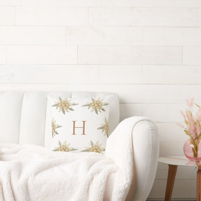 Coussin Botanique Hiver Blanc Initial Edelweiss (Canapé)