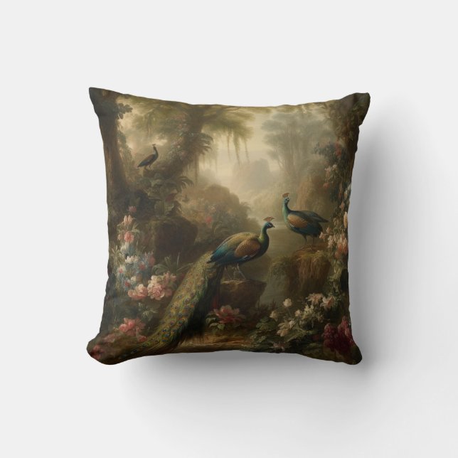 Coussin Botanique : trois paons dans le jardin anglais (Recto)
