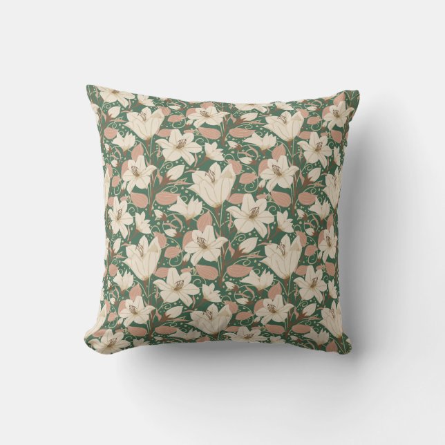 Coussin Botanique Vert Beige Lily Floral (Recto)