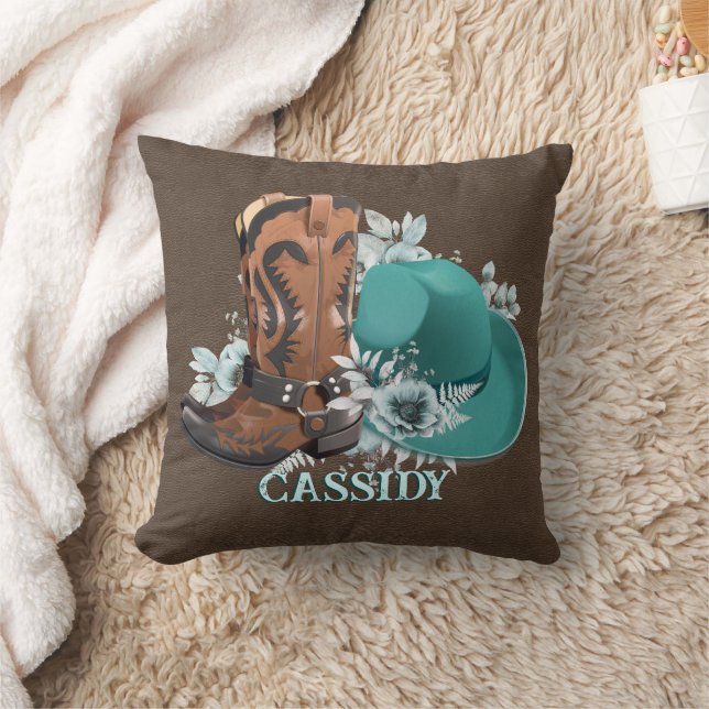 Coussin Botte de cowboy casquette en cuir marron turquoise (Couverture)