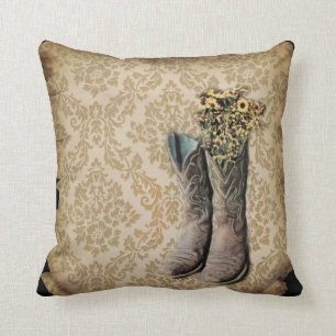 Coussin botte de cowboy rustique damassé de l'ouest du pa