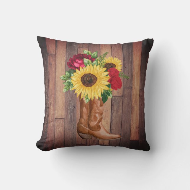 Coussin Botte de cowgirl en bois rustique tournesols Roses (Recto)