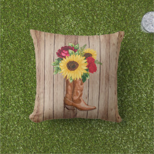 Coussin Bottes de cowgirl en bois rustique tournesols rose