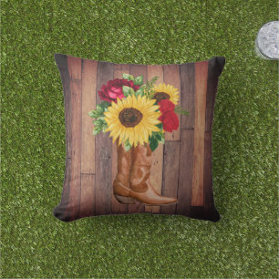 Coussin Bottes de cowgirl en bois rustique tournesols rose