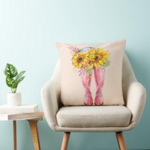 Coussin Bottes roses, oiseaux bleus et tournesols