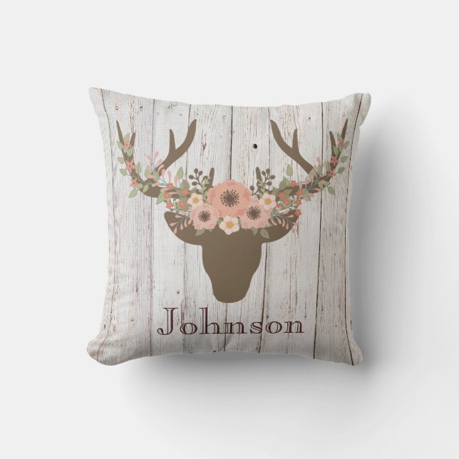 Coussin Bouchon Rustique Floral De Cerf Sur Bois (Recto)