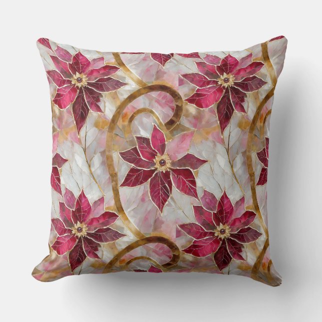 Coussin Boucles d'or Bourgogne rose Poinsettias de Noël (Recto)