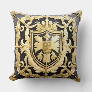 Coussin Bouclier Ornemental à Crête Dorée Inspiré du Moyen