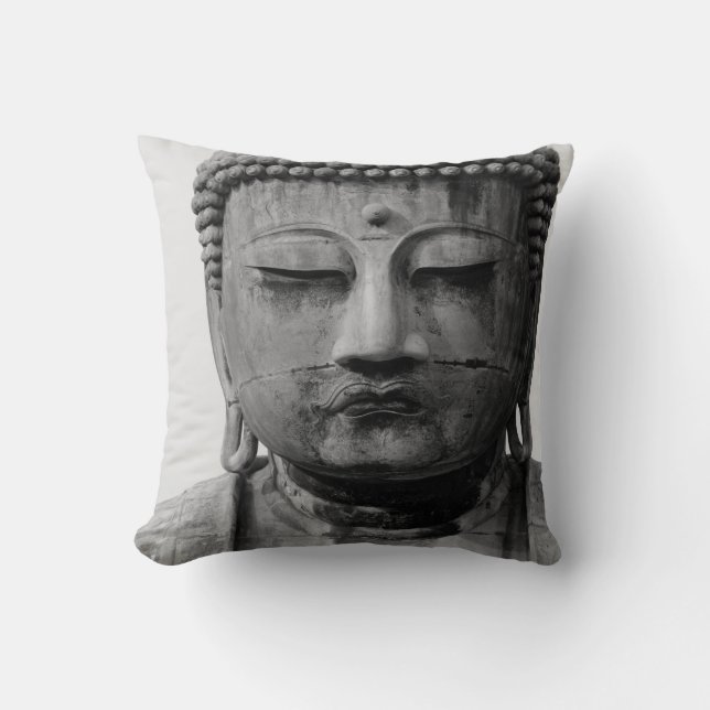 Coussin Bouddha noir et blanc avec fond gris (Recto)