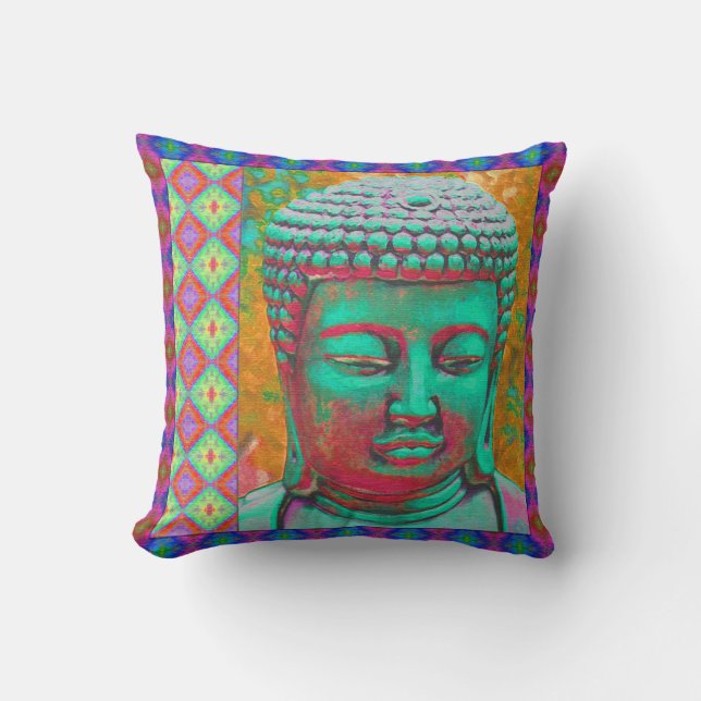 Coussin Bouddha Pop avec des bordures en Patchwork en bleu (Recto)