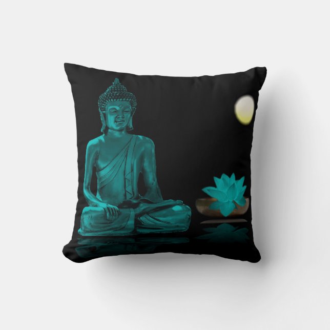 Coussin Bouddha Turquoise et Lotus à l'oreiller de nuit (Recto)