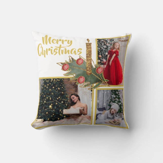 Coussin Bougie d'or Décor de Noël Famille Photo Collage (Recto)