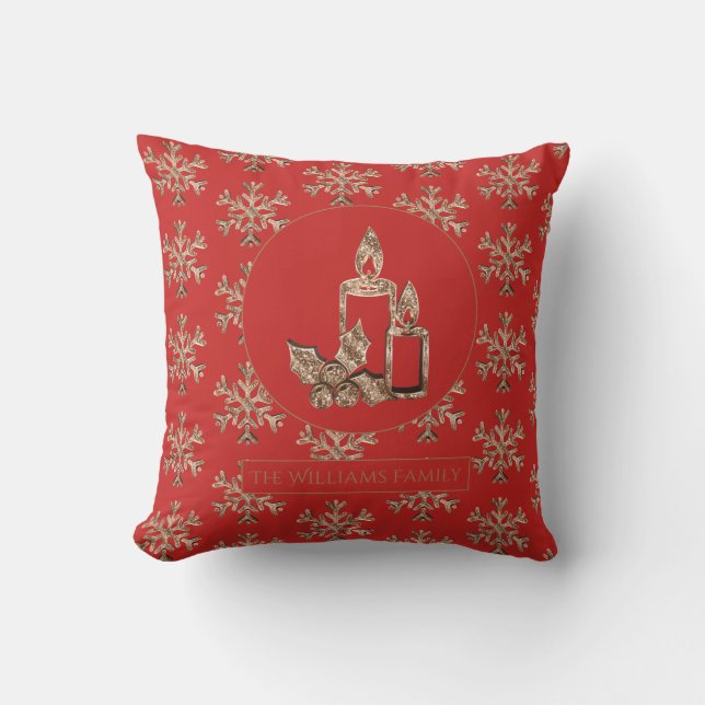 Coussin Bougies de Noël Elégant Rouge et Or (Recto)